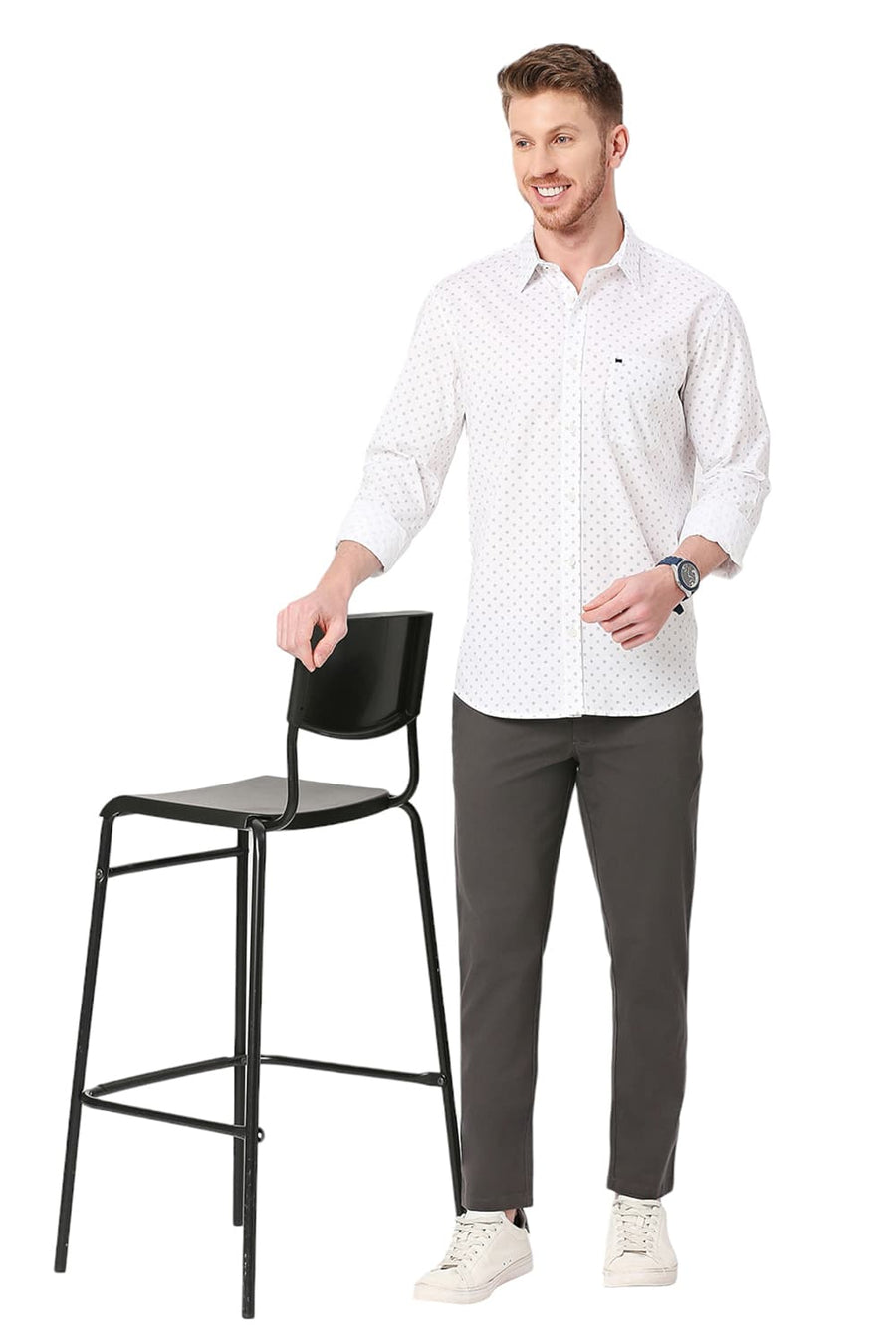 BASICS SLIM FIT BRIGHT WHITE COTTON OXFORD PRINTED SHIRT