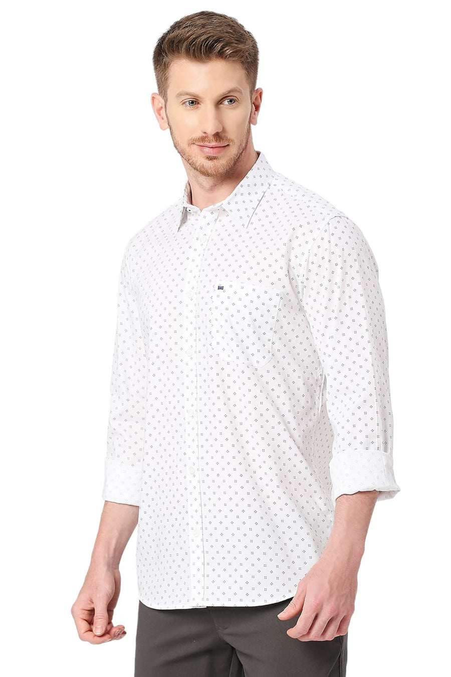 BASICS SLIM FIT BRIGHT WHITE COTTON OXFORD PRINTED SHIRT