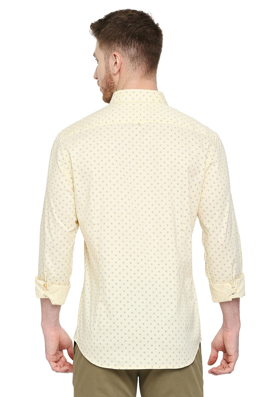 BASICS SLIM FIT SUNLIGHT YELLOW COTTON OXFORD PRINTED SHIRT