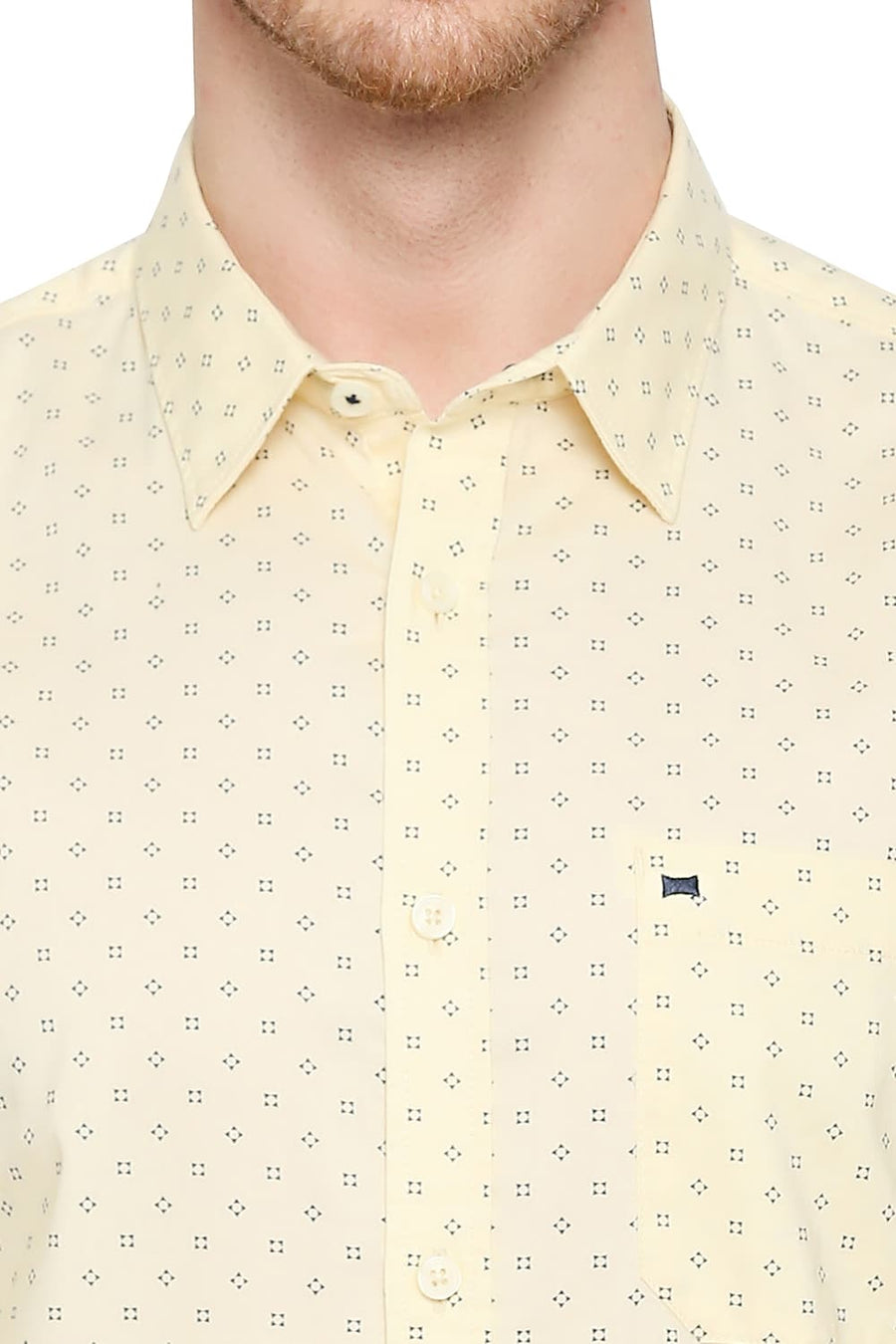 BASICS SLIM FIT SUNLIGHT YELLOW COTTON OXFORD PRINTED SHIRT