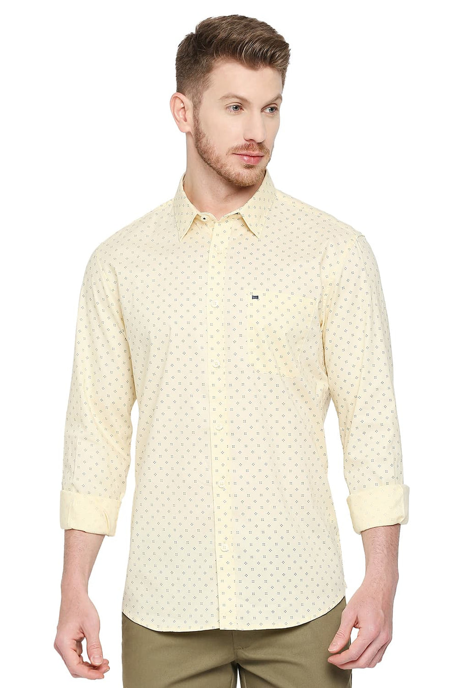 BASICS SLIM FIT SUNLIGHT YELLOW COTTON OXFORD PRINTED SHIRT