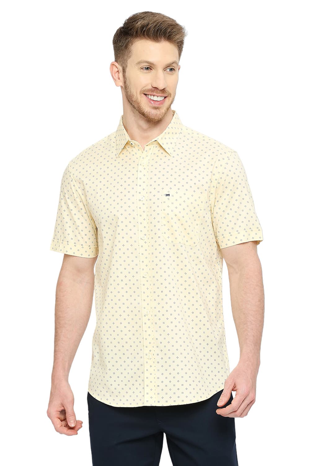 BASICS SLIM FIT COTTON OXFORD PRINTED HALFSLEEVES SHIRT