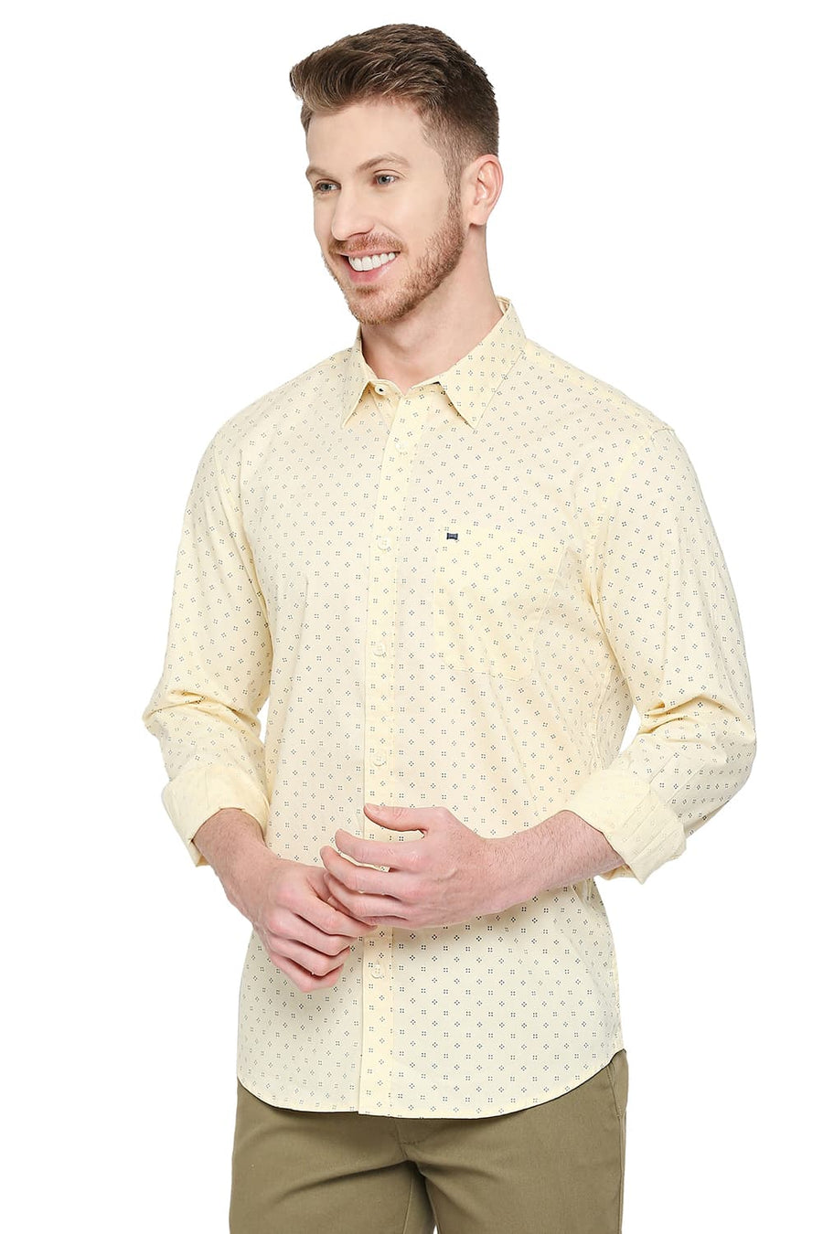 BASICS SLIM FIT SUNLIGHT YELLOW COTTON OXFORD PRINTED SHIRT