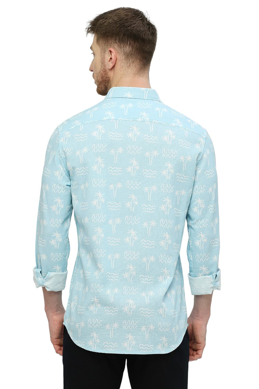 BASICS SLIM FIT AIR BLUE COTTON HOPSACK PRINTED SHIRT