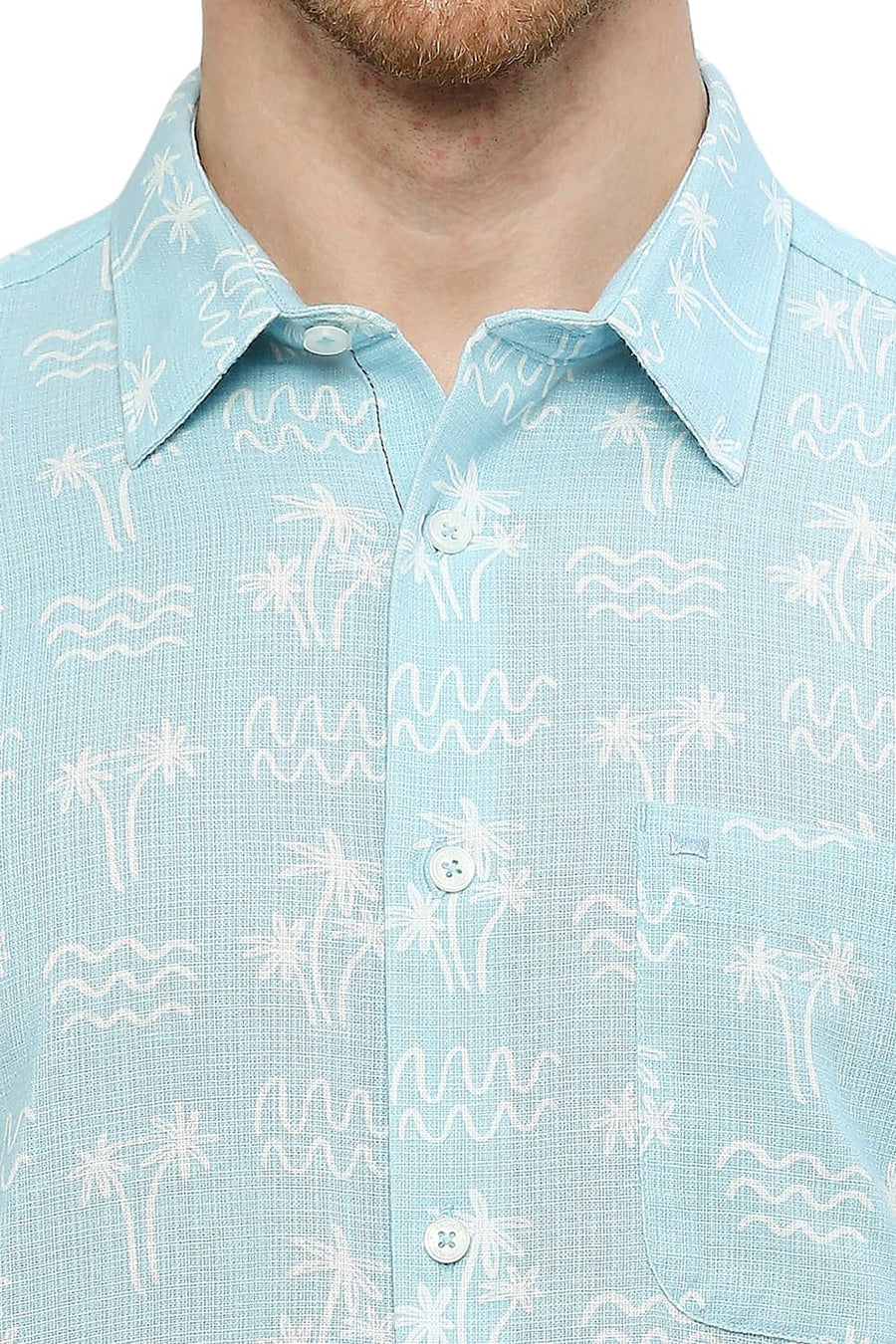 BASICS SLIM FIT AIR BLUE COTTON HOPSACK PRINTED SHIRT