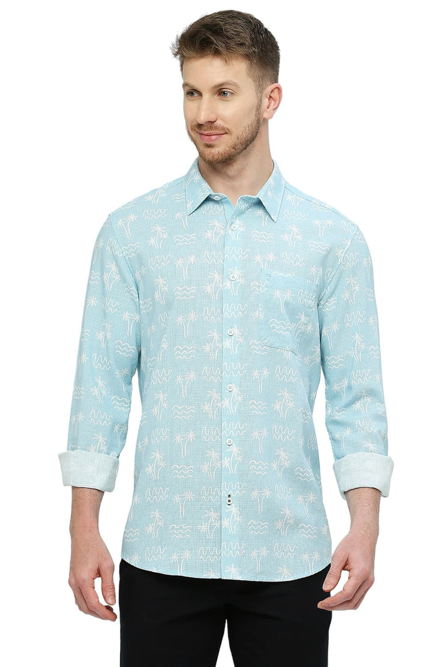 BASICS SLIM FIT AIR BLUE COTTON HOPSACK PRINTED SHIRT