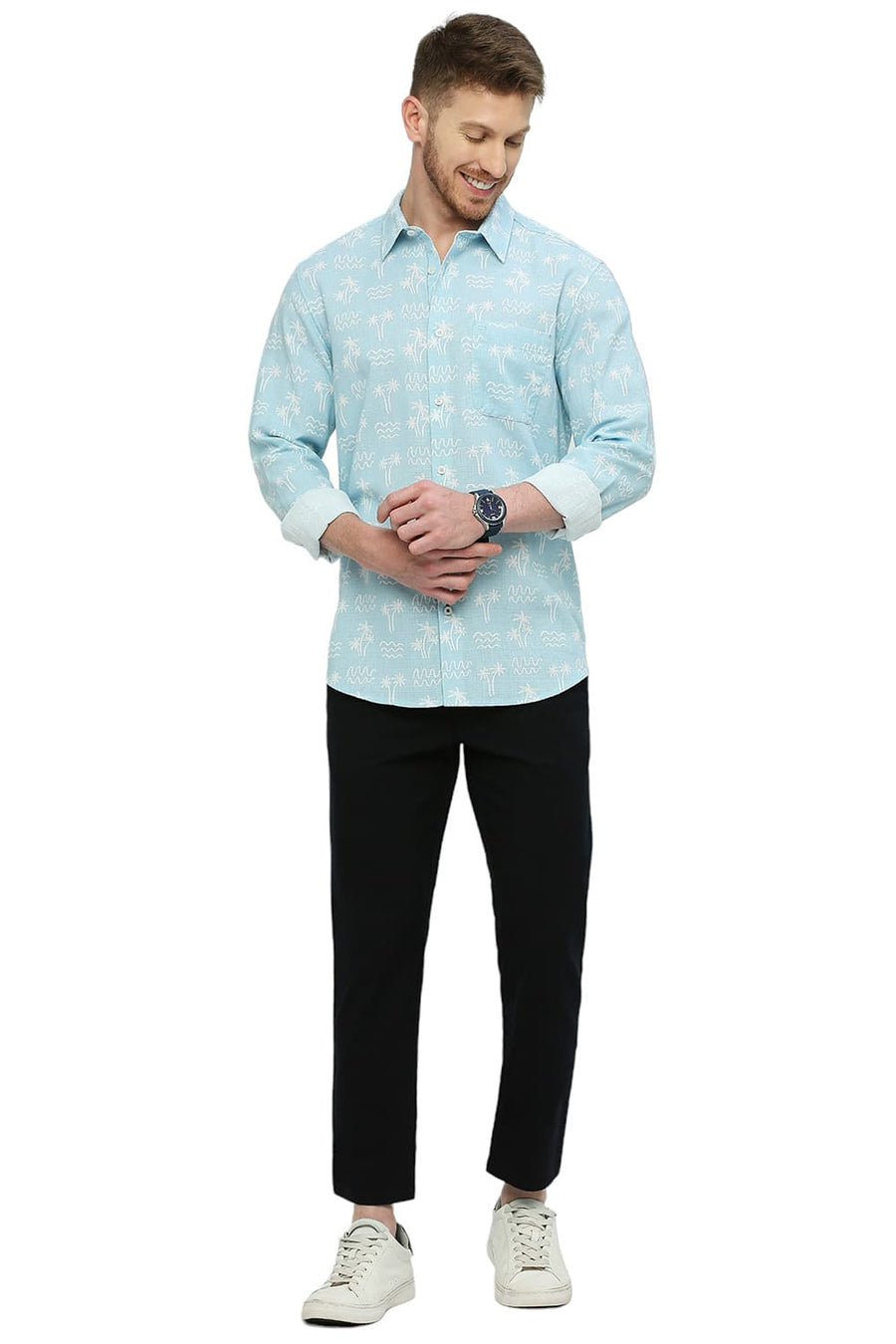 BASICS SLIM FIT AIR BLUE COTTON HOPSACK PRINTED SHIRT