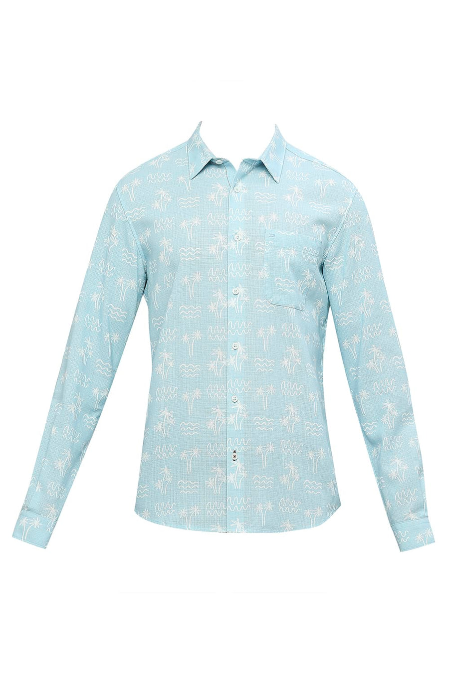 BASICS SLIM FIT AIR BLUE COTTON HOPSACK PRINTED SHIRT