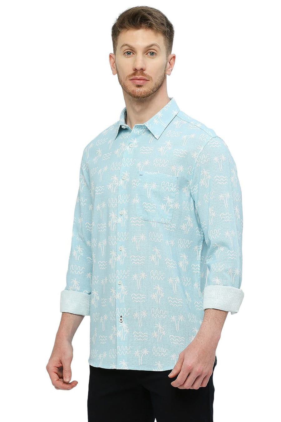 BASICS SLIM FIT AIR BLUE COTTON HOPSACK PRINTED SHIRT