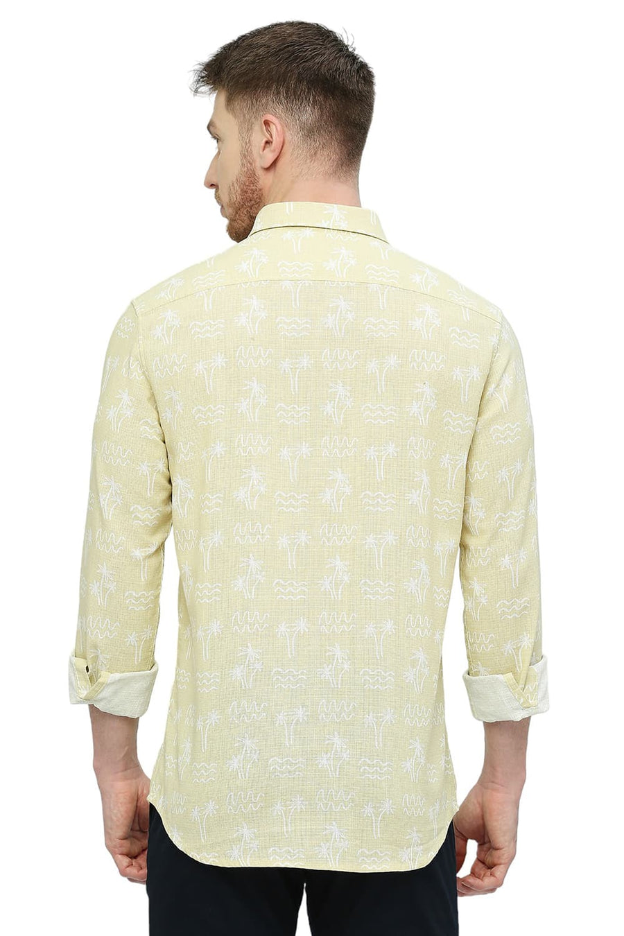 BASICS SLIM FIT VANILLA BEIGE COTTON HOPSACK PRINTED SHIRT