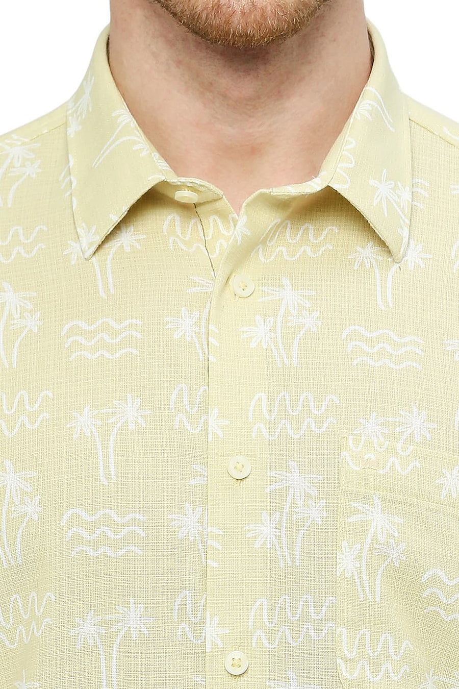 BASICS SLIM FIT VANILLA BEIGE COTTON HOPSACK PRINTED SHIRT