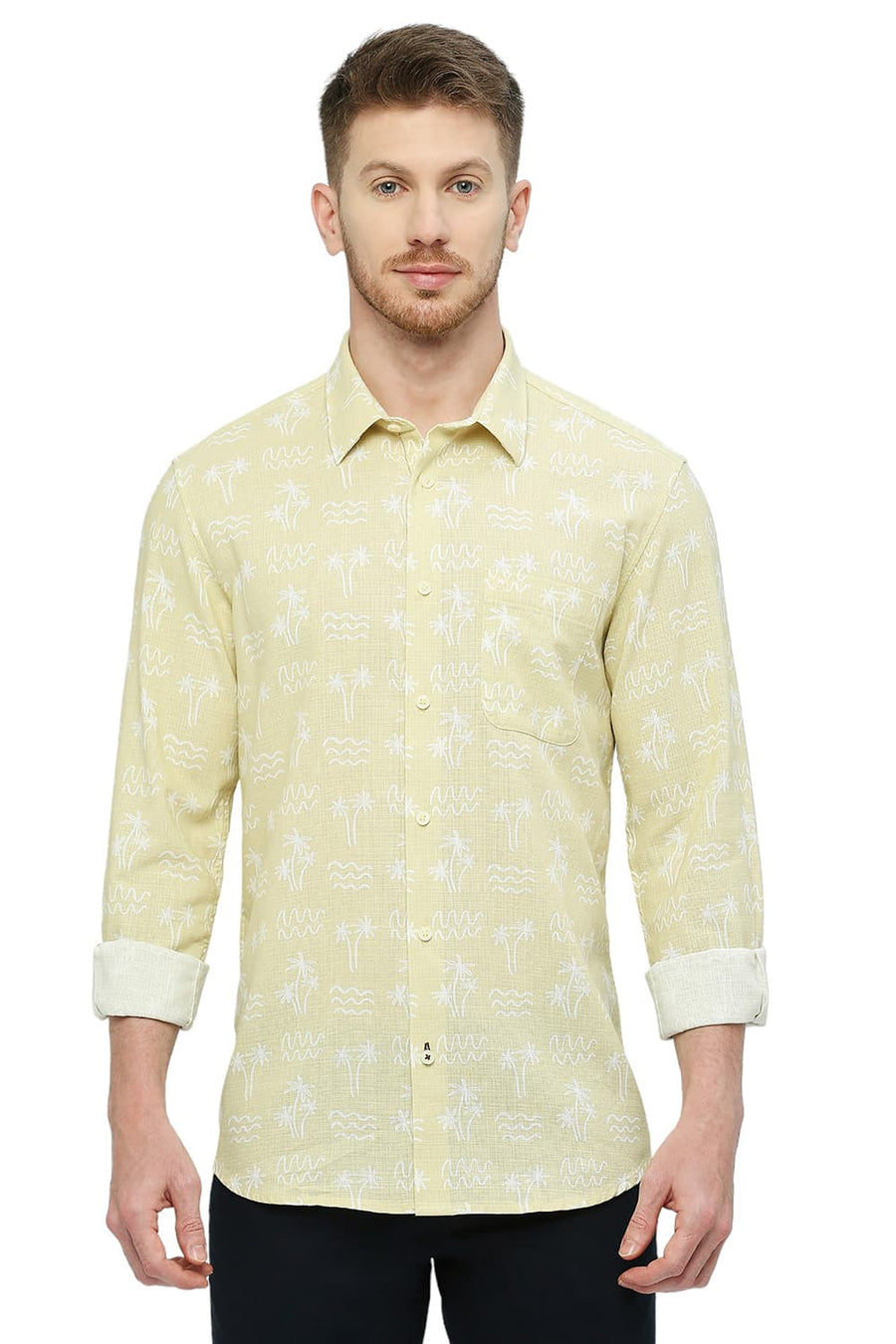 BASICS SLIM FIT VANILLA BEIGE COTTON HOPSACK PRINTED SHIRT