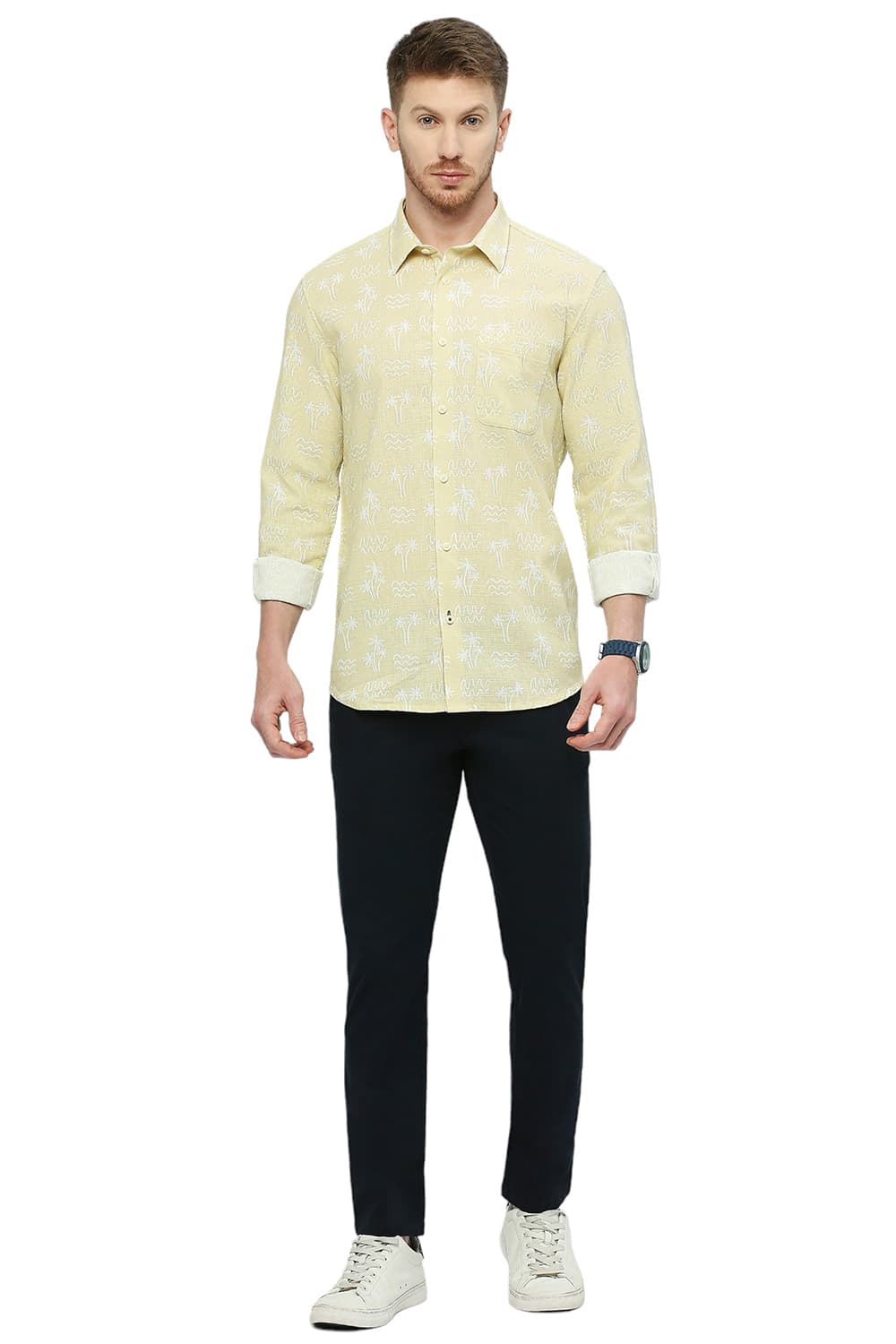 BASICS SLIM FIT COTTON HOPSACK PRINTED SHIRT