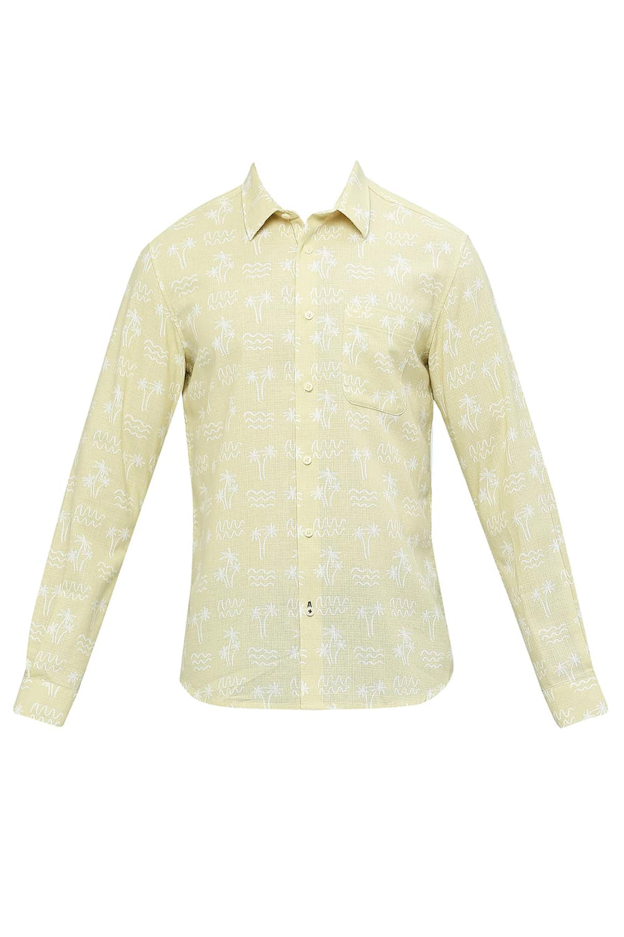 BASICS SLIM FIT VANILLA BEIGE COTTON HOPSACK PRINTED SHIRT