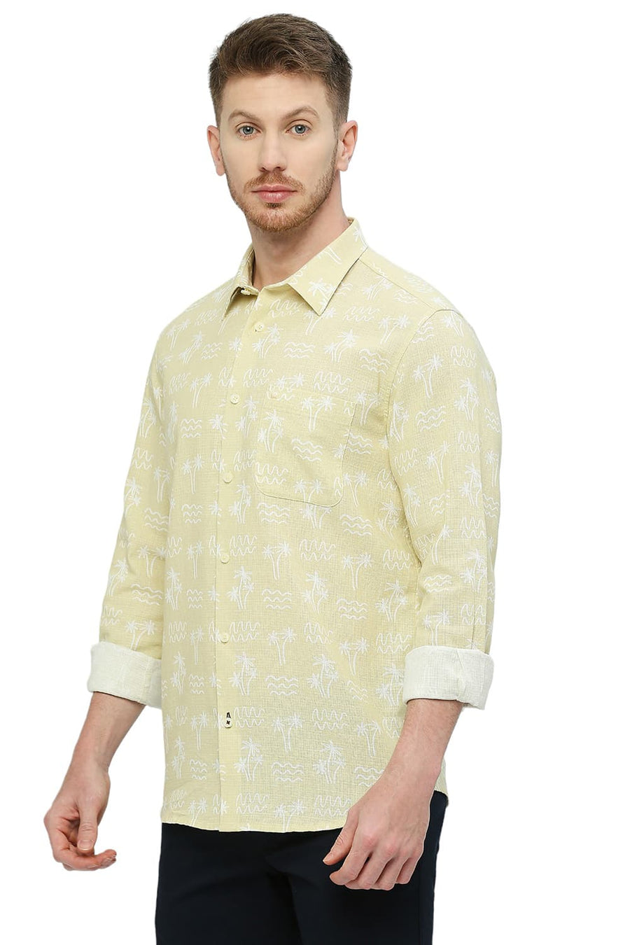 BASICS SLIM FIT VANILLA BEIGE COTTON HOPSACK PRINTED SHIRT
