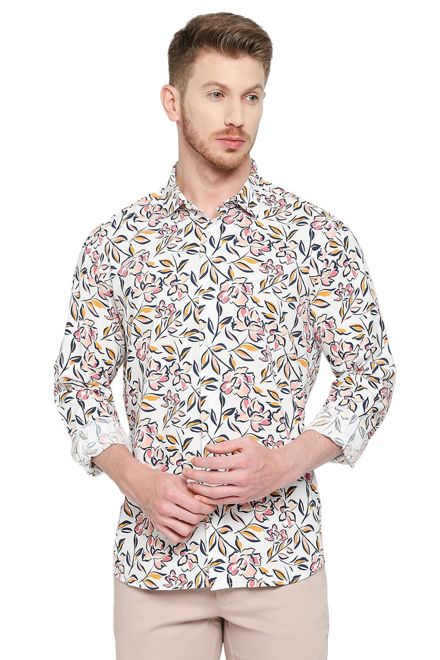 BASICS SLIM FIT CARMINE PINK COTTON VISCOSE PRINTED SHIRT