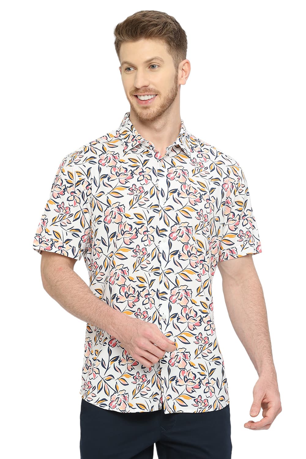 BASICS SLIM FIT COTTON VISCOSE PRINTED SHIRT