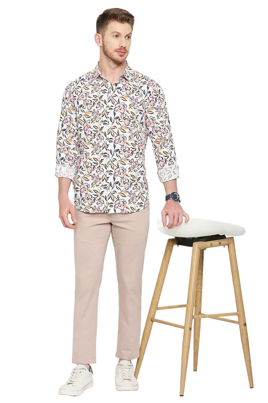 BASICS SLIM FIT CARMINE PINK COTTON VISCOSE PRINTED SHIRT