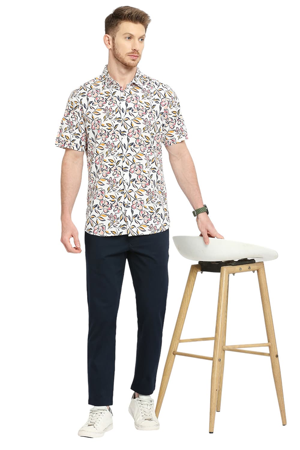 BASICS SLIM FIT COTTON VISCOSE PRINTED HALFSLEEVES SHIRT