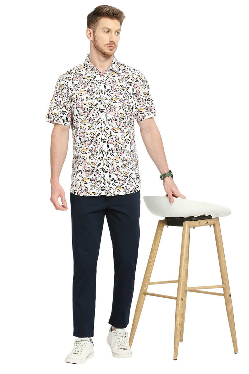 BASICS SLIM FIT COTTON VISCOSE PRINTED HALFSLEEVES SHIRT