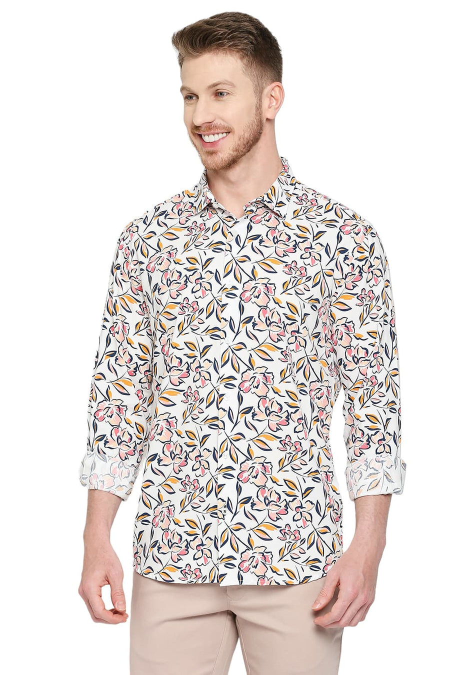 BASICS SLIM FIT CARMINE PINK COTTON VISCOSE PRINTED SHIRT