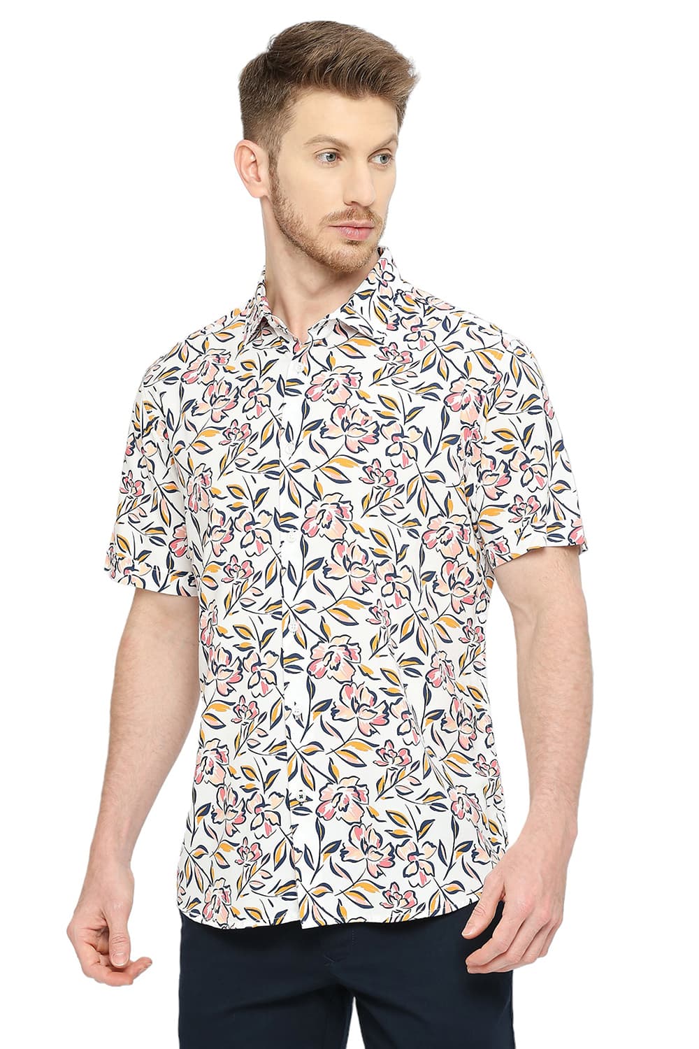 BASICS SLIM FIT COTTON VISCOSE PRINTED HALFSLEEVES SHIRT