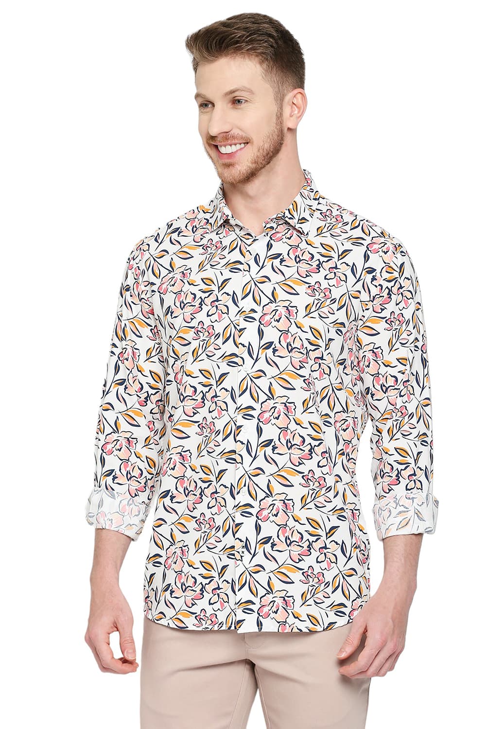 BASICS SLIM FIT COTTON VISCOSE PRINTED SHIRT