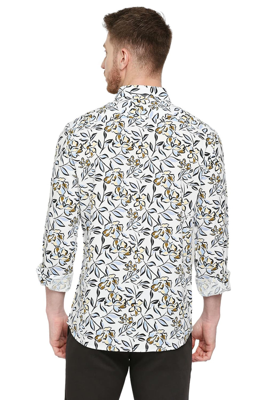 BASICS SLIM FIT ISLAND BLUE COTTON VISCOSE PRINTED SHIRT