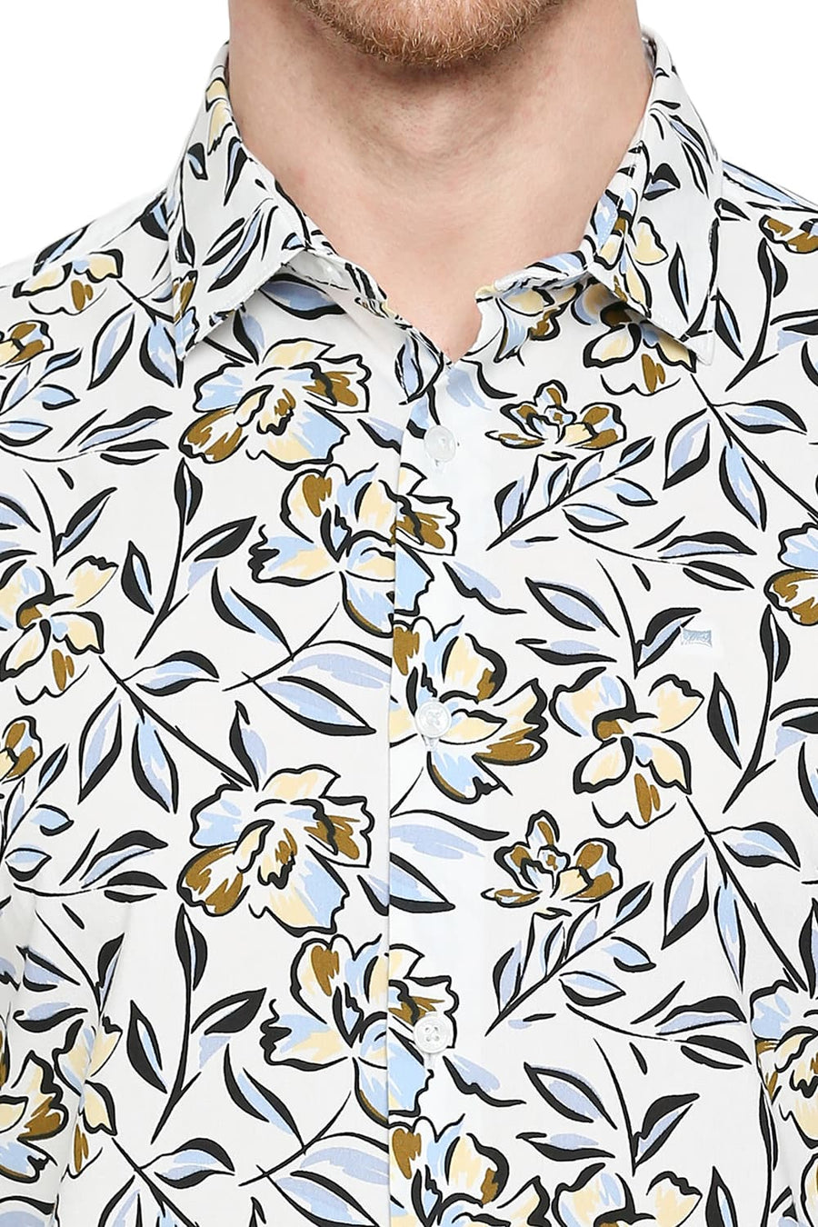 BASICS SLIM FIT ISLAND BLUE COTTON VISCOSE PRINTED SHIRT