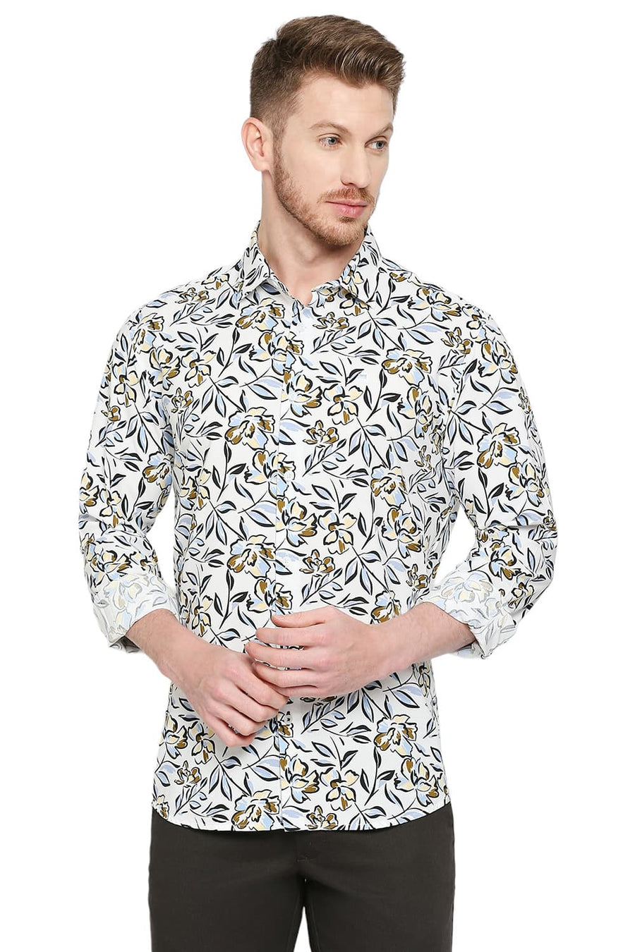 BASICS SLIM FIT ISLAND BLUE COTTON VISCOSE PRINTED SHIRT