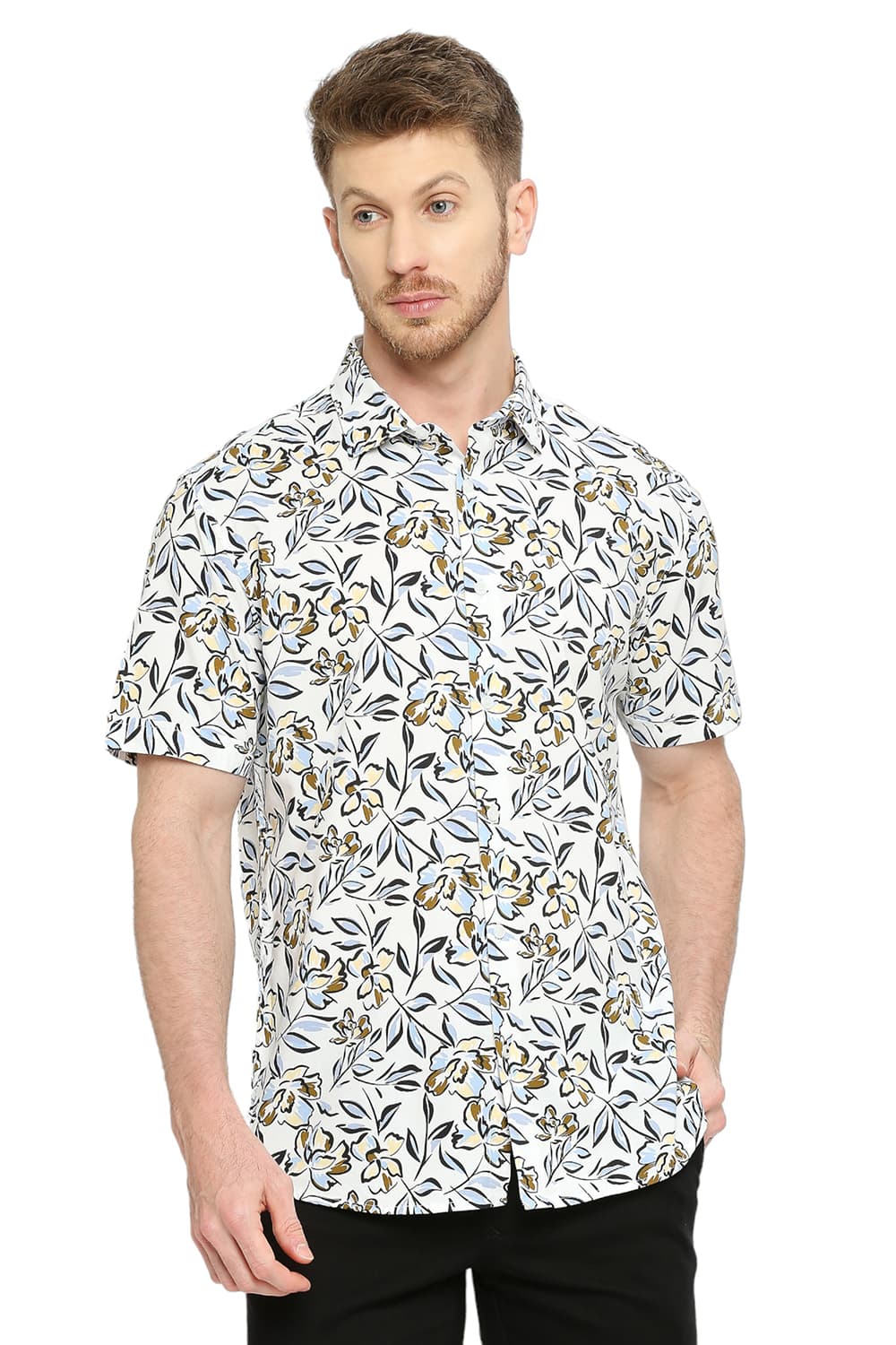 BASICS SLIM FIT COTTON VISCOSE PRINTED HALFSLEEVES SHIRT