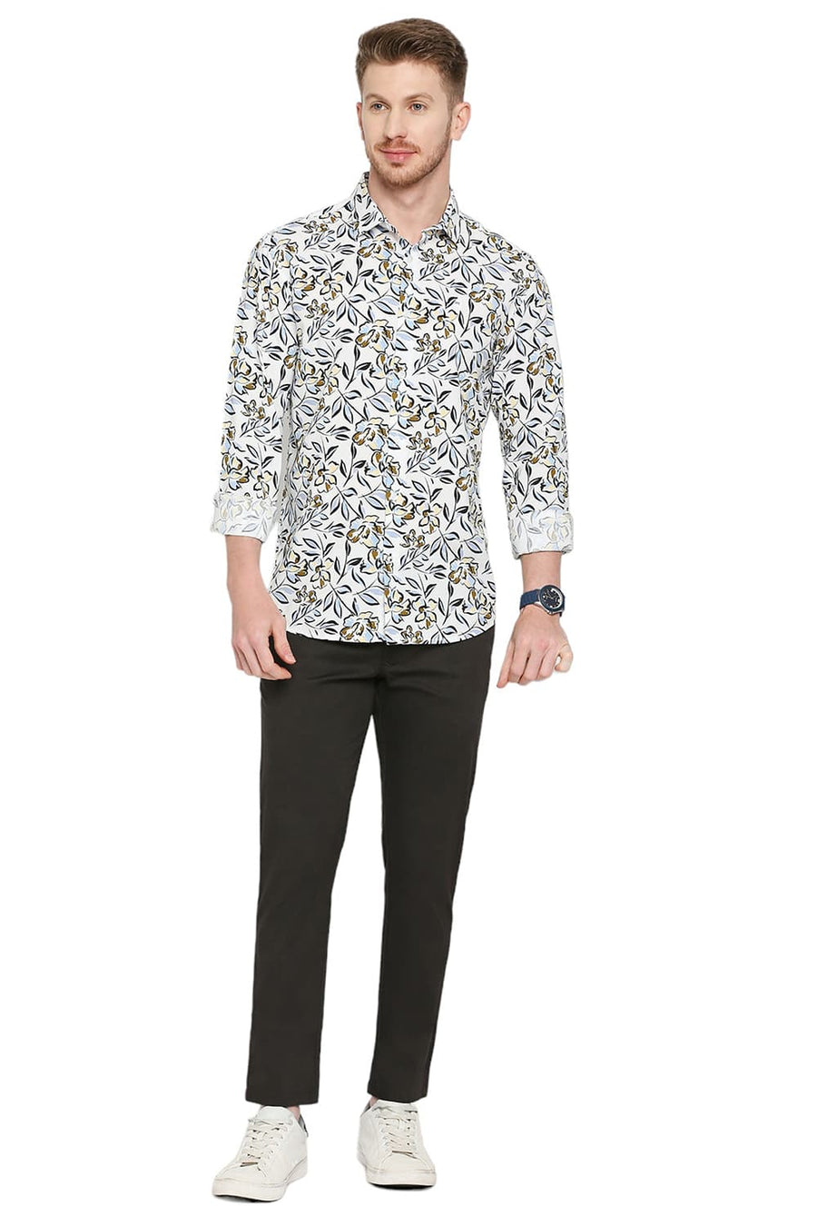 BASICS SLIM FIT ISLAND BLUE COTTON VISCOSE PRINTED SHIRT