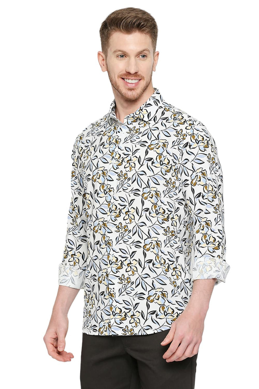 BASICS SLIM FIT ISLAND BLUE COTTON VISCOSE PRINTED SHIRT