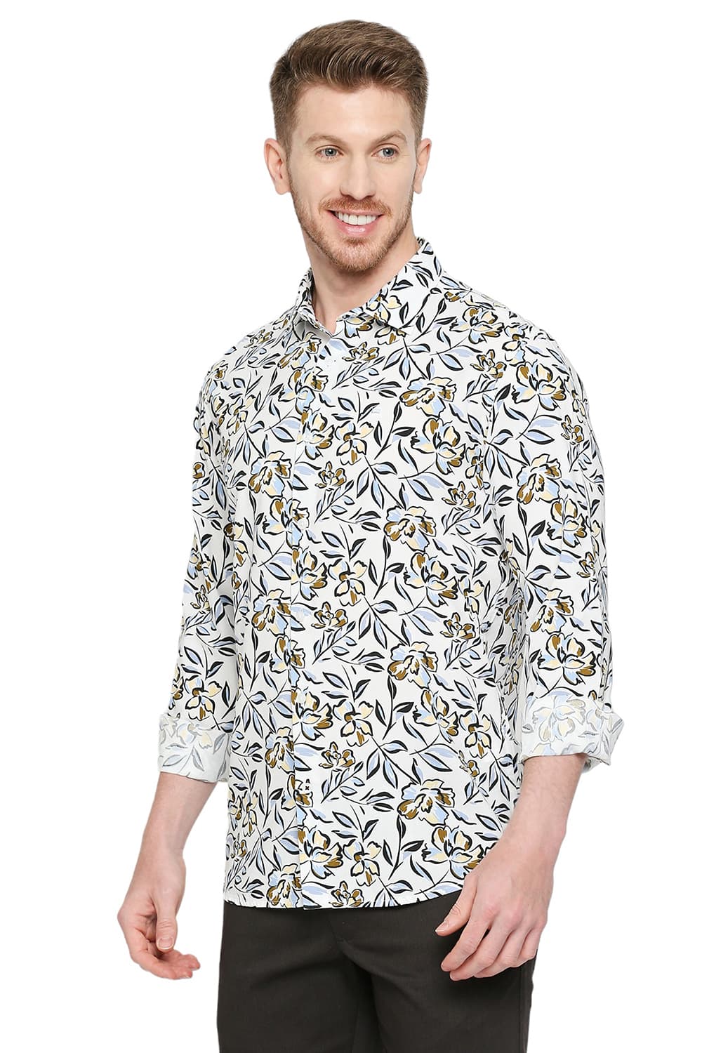 BASICS SLIM FIT COTTON VISCOSE PRINTED SHIRT