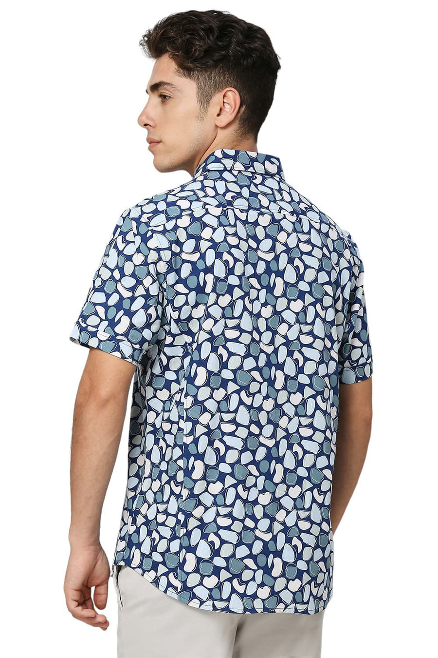 BASICS SLIM FIT DARK BLUE COTTON VISCOSE PRINTED HALFSLEEVES SHIRT