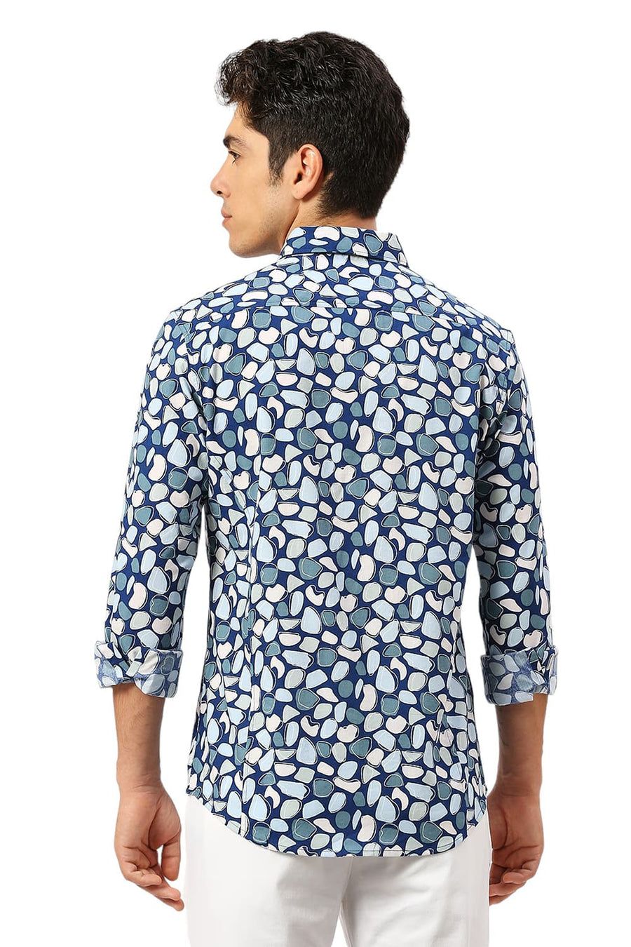 BASICS SLIM FIT DARK BLUE COTTON VISCOSE PRINTED SHIRT