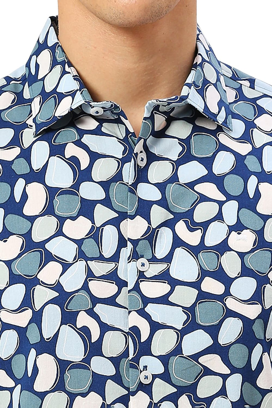BASICS SLIM FIT DARK BLUE COTTON VISCOSE PRINTED SHIRT
