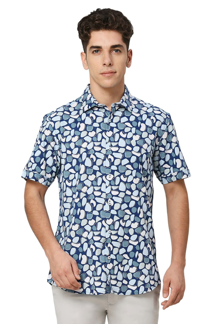 BASICS SLIM FIT DARK BLUE COTTON VISCOSE PRINTED HALFSLEEVES SHIRT