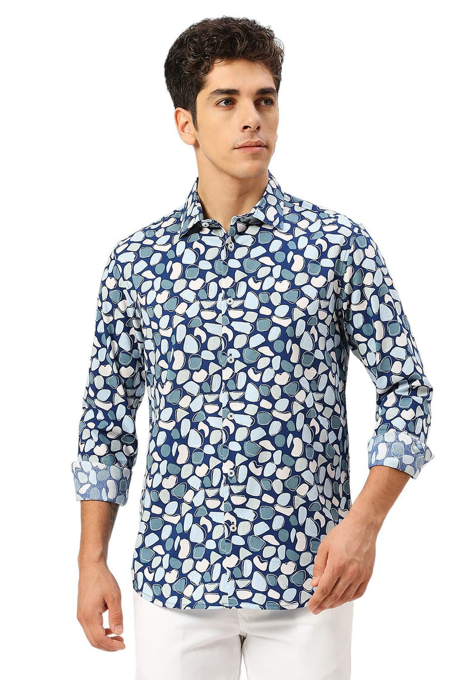 BASICS SLIM FIT DARK BLUE COTTON VISCOSE PRINTED SHIRT