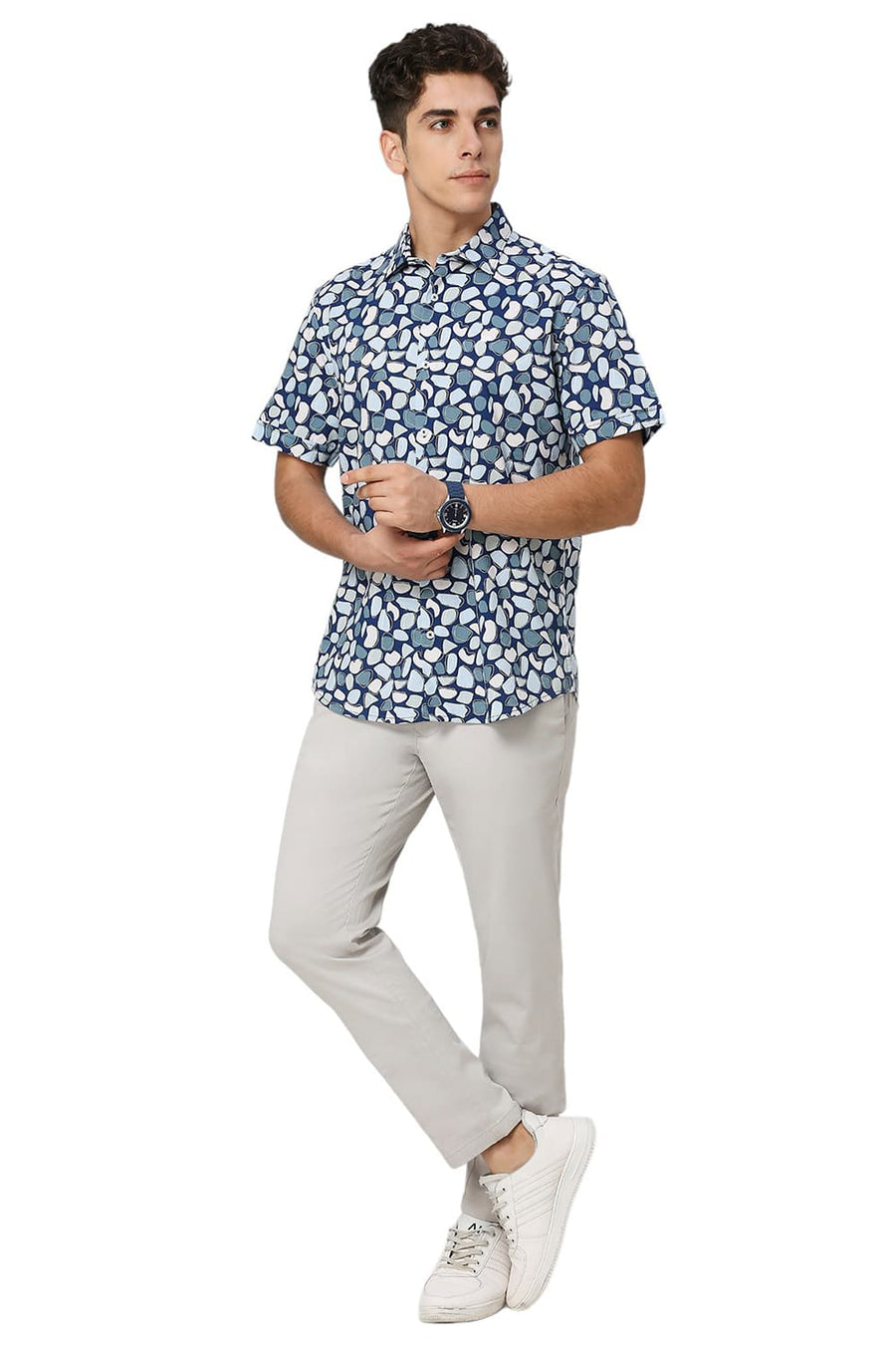 BASICS SLIM FIT DARK BLUE COTTON VISCOSE PRINTED HALFSLEEVES SHIRT