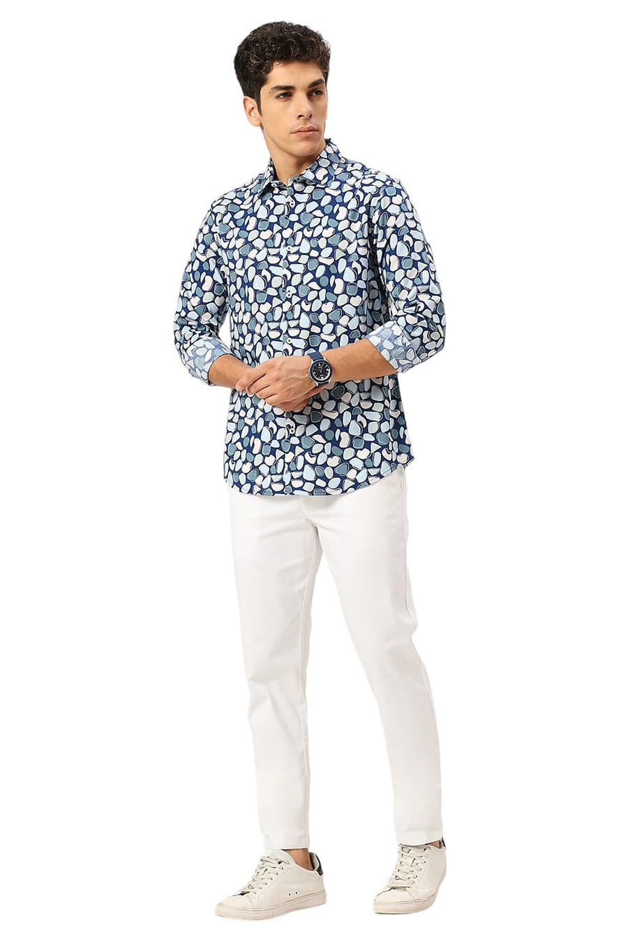 BASICS SLIM FIT DARK BLUE COTTON VISCOSE PRINTED SHIRT