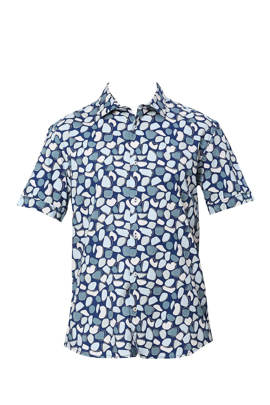 BASICS SLIM FIT DARK BLUE COTTON VISCOSE PRINTED HALFSLEEVES SHIRT