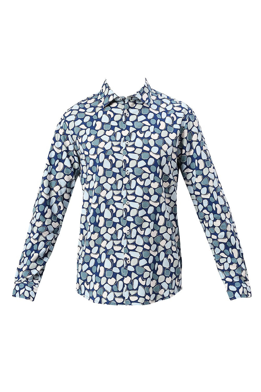 BASICS SLIM FIT DARK BLUE COTTON VISCOSE PRINTED SHIRT