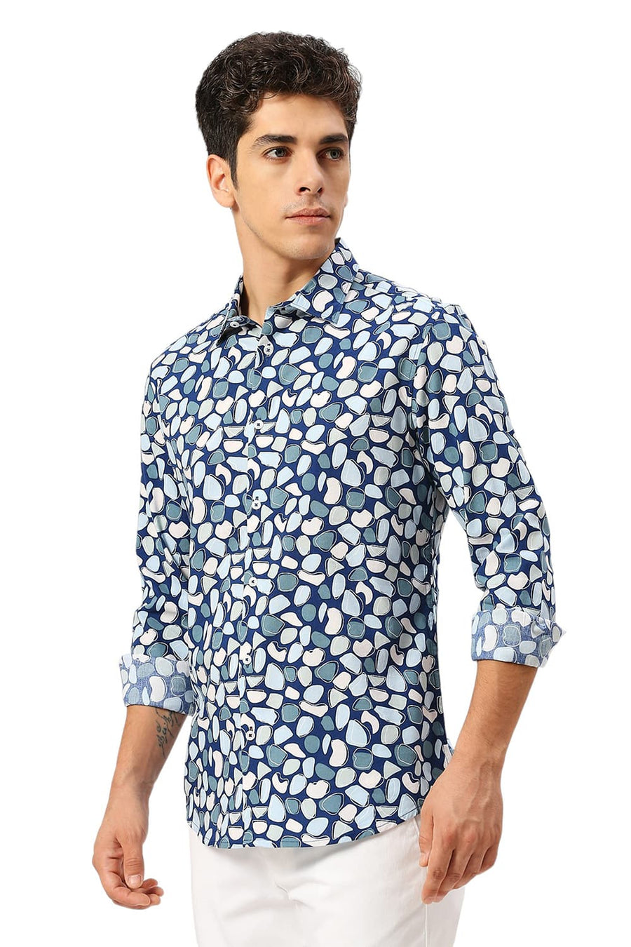 BASICS SLIM FIT DARK BLUE COTTON VISCOSE PRINTED SHIRT