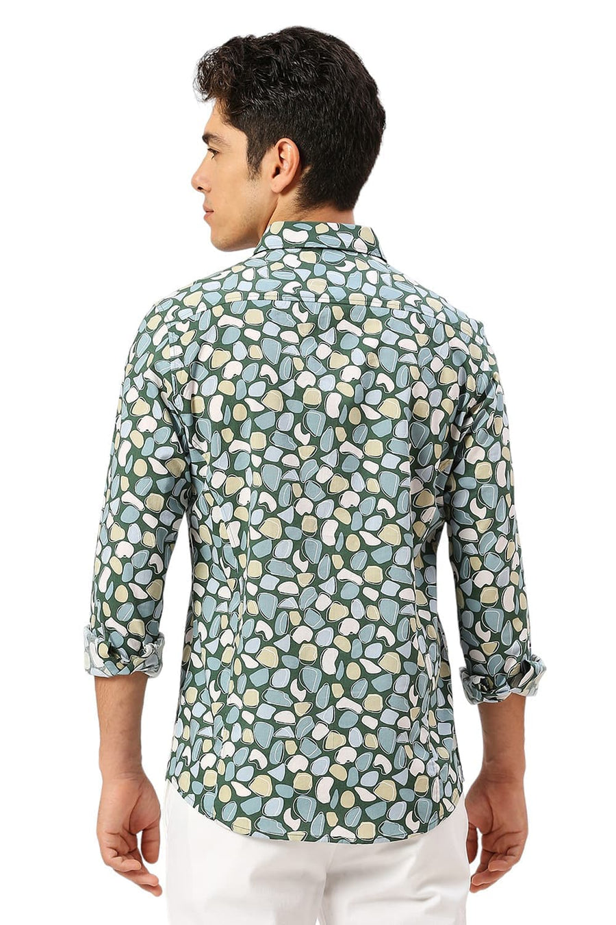 BASICS SLIM FIT EDEN GREEN COTTON VISCOSE TWILL PRINTED SHIRT