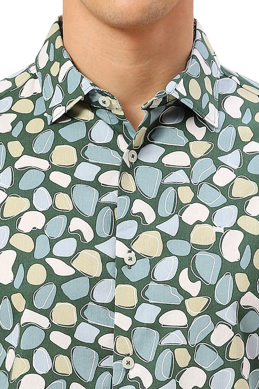 BASICS SLIM FIT EDEN GREEN COTTON VISCOSE TWILL PRINTED SHIRT