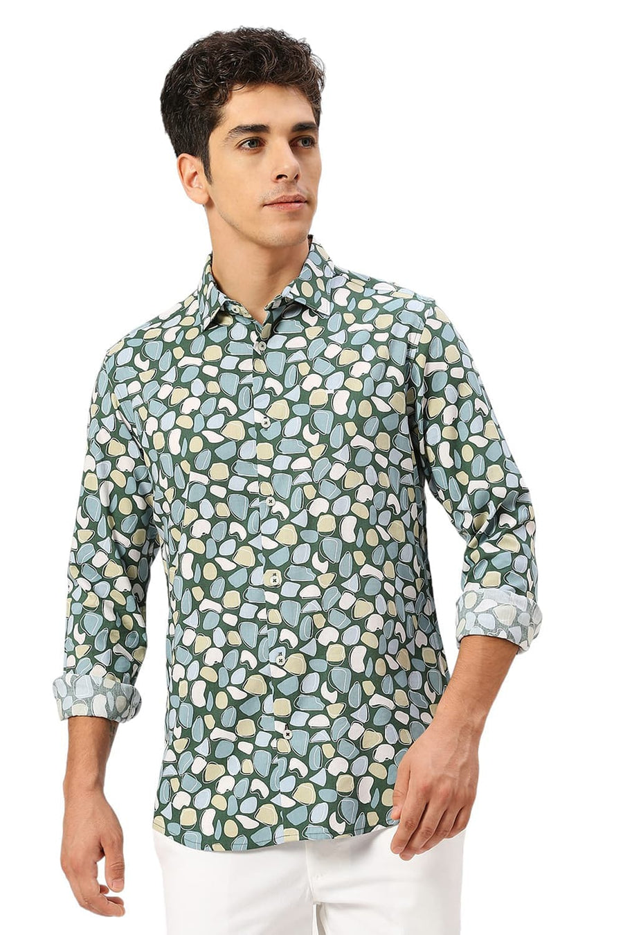 BASICS SLIM FIT EDEN GREEN COTTON VISCOSE TWILL PRINTED SHIRT