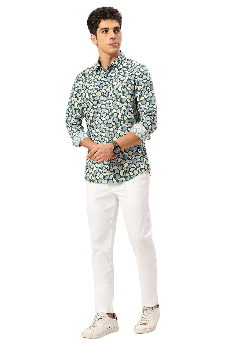 BASICS SLIM FIT EDEN GREEN COTTON VISCOSE TWILL PRINTED SHIRT