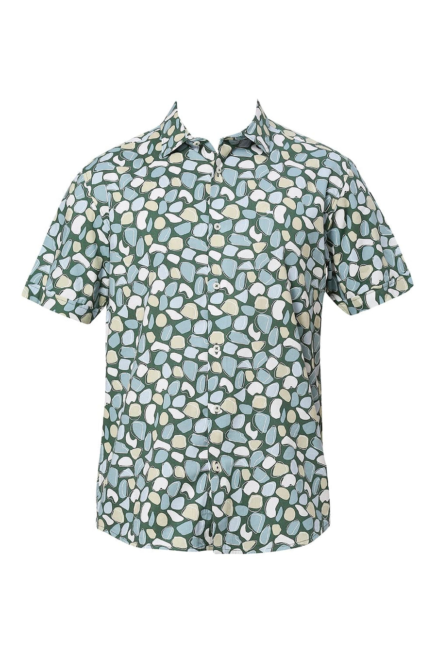 BASICS SLIM FIT EDEN GREEN COTTON VISCOSE TWILL PRINTED HALFSLEEVES SHIRT