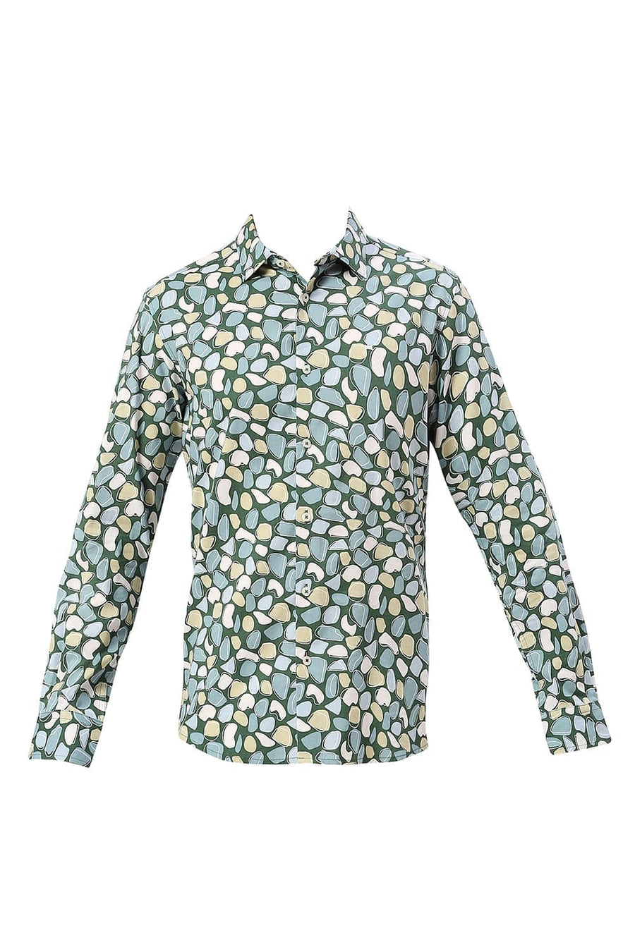 BASICS SLIM FIT EDEN GREEN COTTON VISCOSE TWILL PRINTED SHIRT